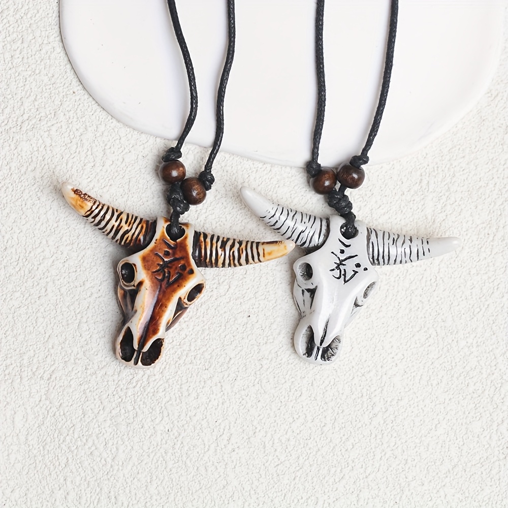 Hip Hop Rope Braided Resin Skull Bull Pendant Necklace Set